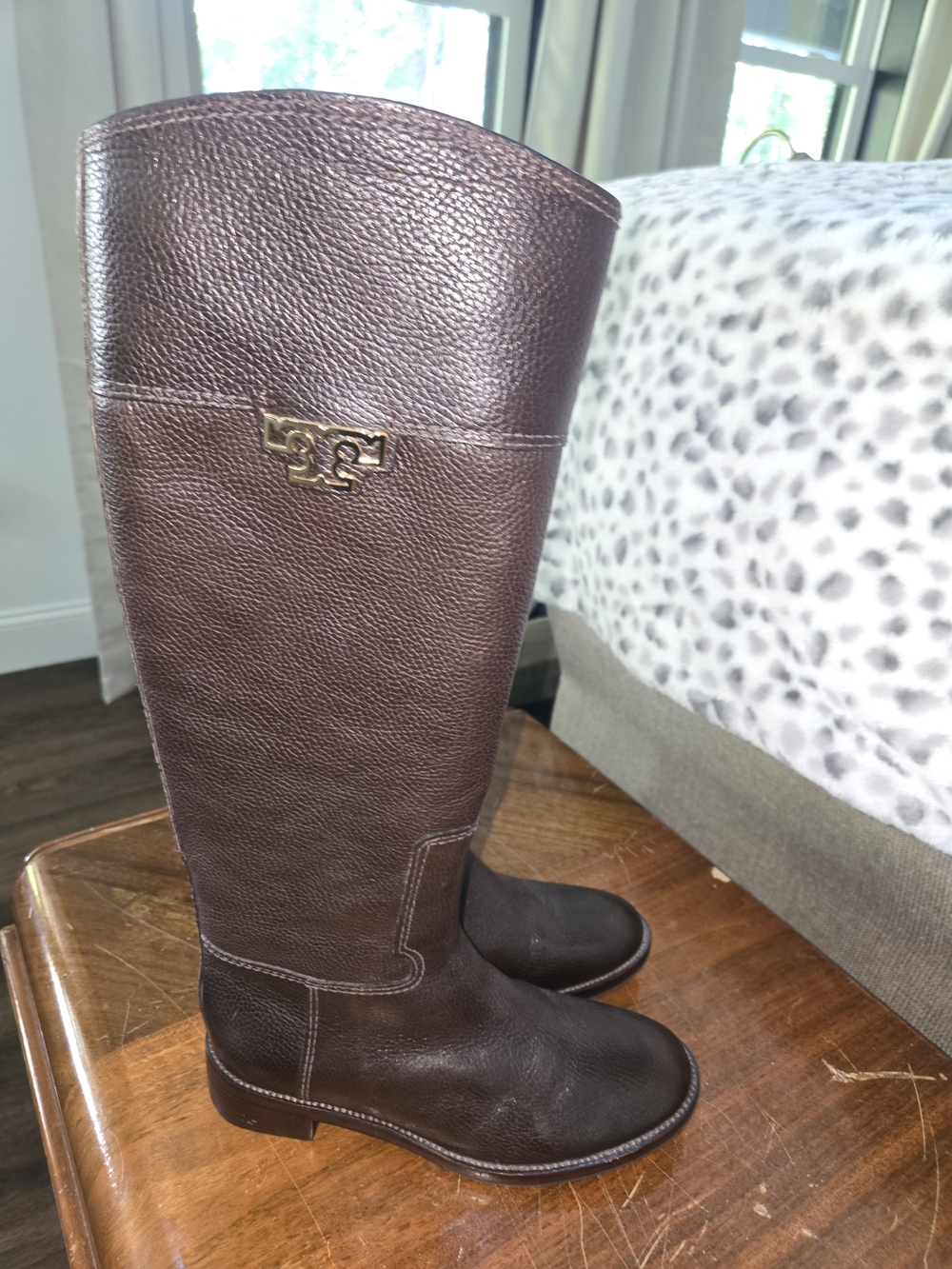 Tory Burch Brown Pebbled Leather Knee-High Boots with Gold Logo